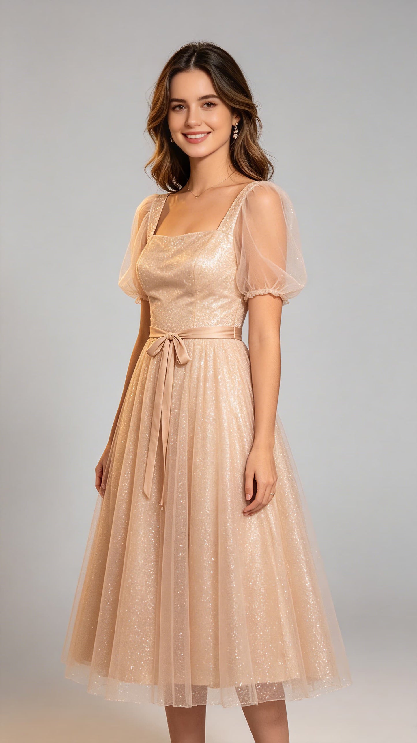 Polished A-line Champagne Bridesmaid Gowns Straps Sparkle Tulle Midi Formal Dresses LFNG0011