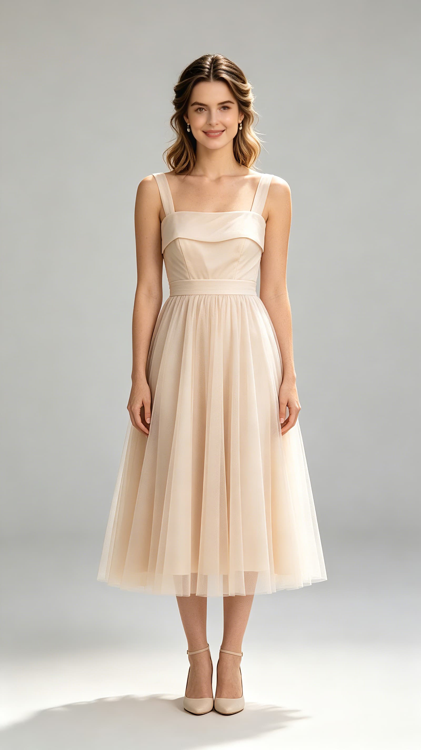 Feminine A-line Champagne Bridesmaid Gowns Straps Chiffon & Tulle Midi – ZimmerFormal