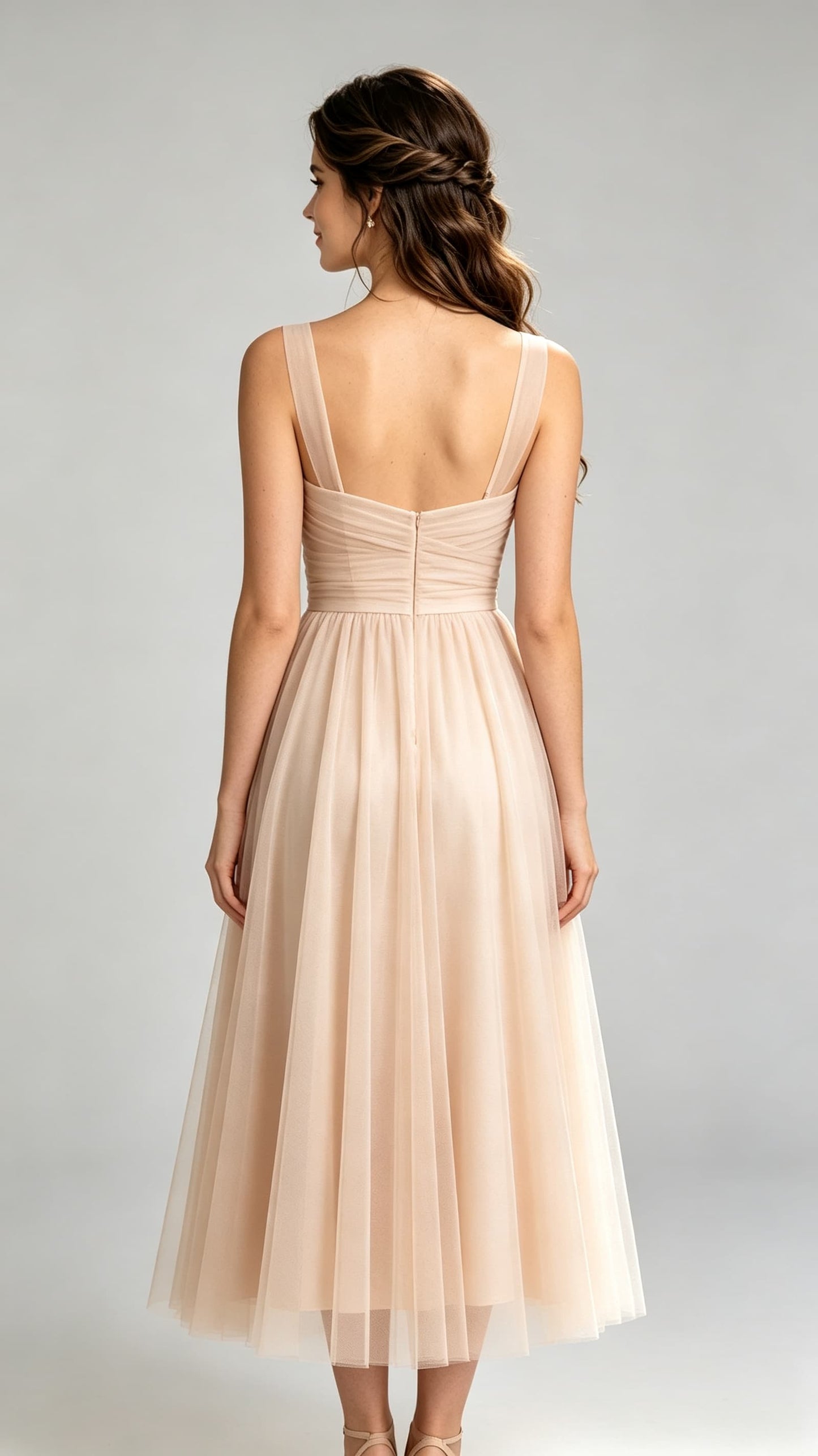 Effortless A-line Champagne Bridesmaid Gowns Straps Chiffon & Tulle Midi Formal Dresses LFNG0012