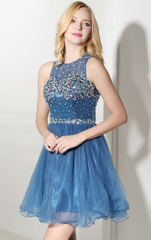 Soft A-line Blue Evening Dress Round Neck Tulle Short Formal Dress LFNL0482