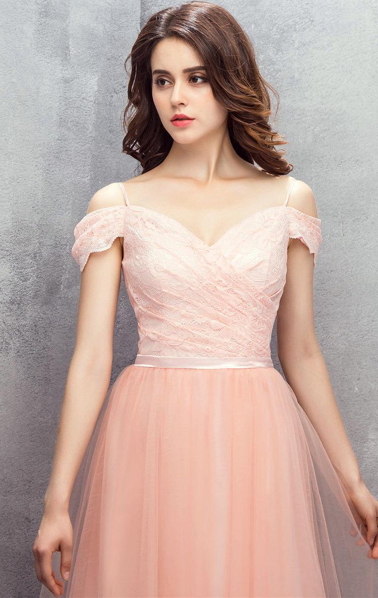 Eye-catching A-line Pink Evening Gowns Off Shoulder Tulle Long Formal Dress LFNG0040