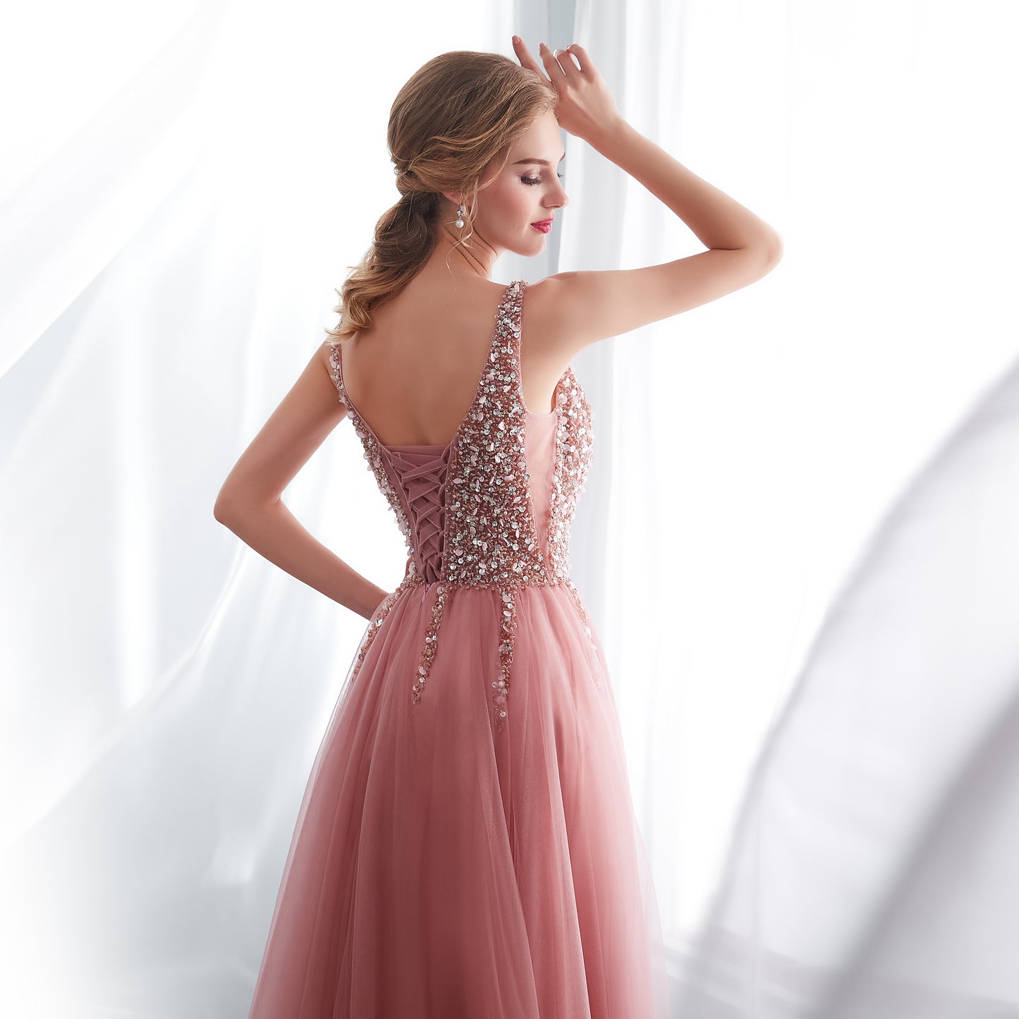 Sleek A-line Dusty Pink Evening Gowns V Neck Tulle&Beads Long Formal Dress LFNG0042