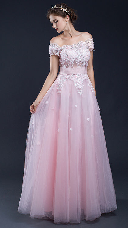 Gorgeous A-line Pink Evening Gowns Off the Shoulder Lace&Horsehair Long Formal Dress LFNL0609