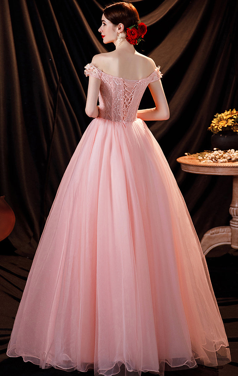 Dreamy A-line Pink Evening Gowns Off the Shoulder Tulle Long Formal Dress LFNC0377
