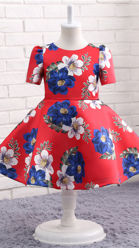 Dainty A-line Red Girl Skirt Round Neck Satin Short Gown LFNGA010