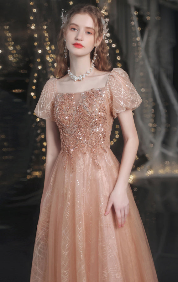 Simple A-line Gold Evening Dress Square Collar Tulle Long Formal Dress LFNC0352