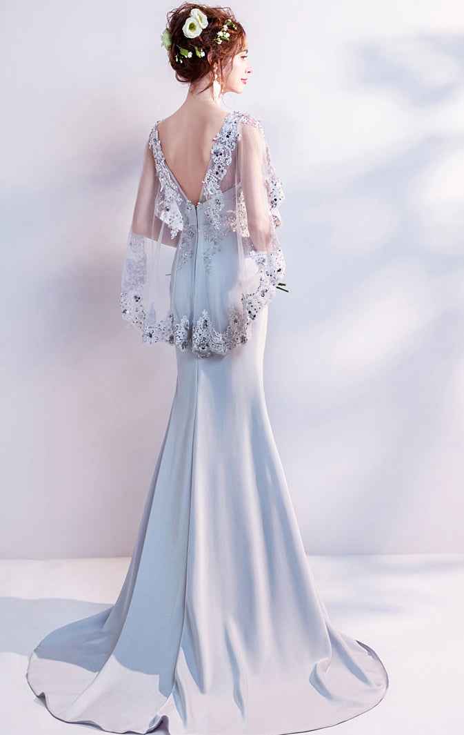 Lightweight Mermaid Grey Evening Dress V Neck Tulle Long Formal Dress LFNC0419