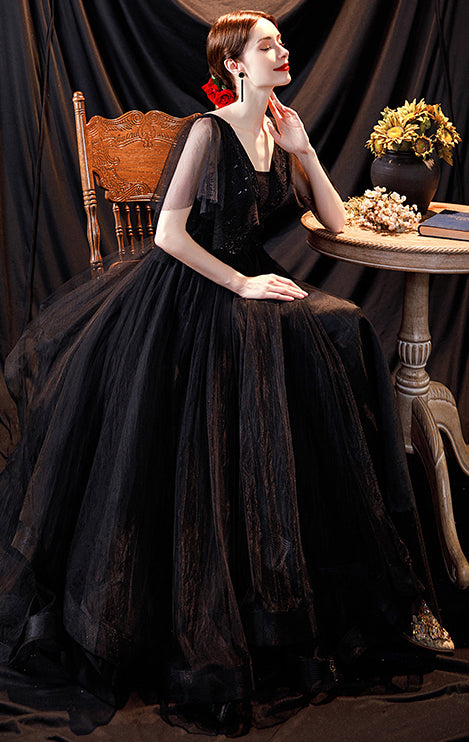 Stunning A-line Black Evening Dress V Neck Tulle Long Formal Dress LFNC0429