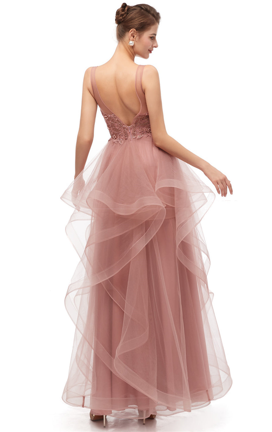 Sleek A-line Pink Evening Dress V Neck Tulle Maxi Dress LFNL0642