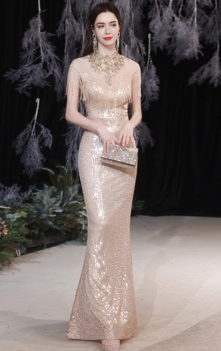 Simple Mermaid Gold Evening Dress High Collar Sequins Long Formal Dress LFNC0439