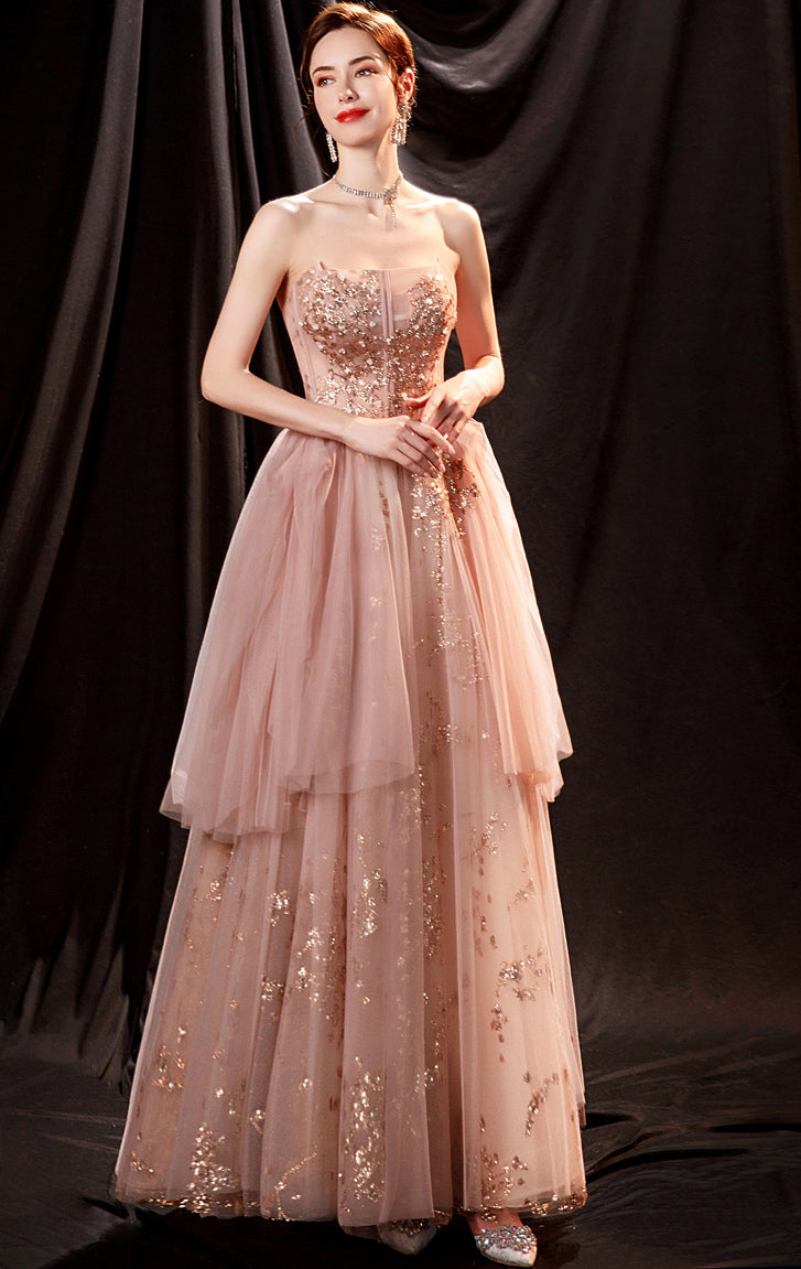 Elegant A-line Champange Evening Dress Strapless Tulle Long Formal Dress LFNC0357