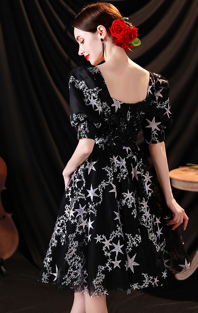 Beautiful tailored A-line Black Evening Dress Square Collar Neck Tulle Short Formal Dress LFNC0430