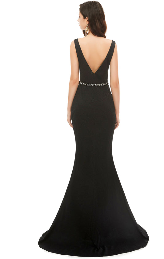 Classy Mermaid Black Evening Dress V Neck Polyester Long Formal Dress LFNL0588