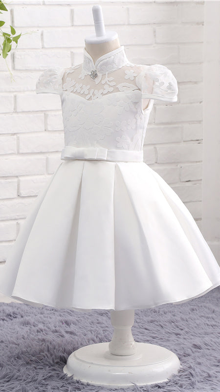 Sweet A-line White Flower Girl Dresses High Collar Lace & Satin Short Gown LFNGA008
