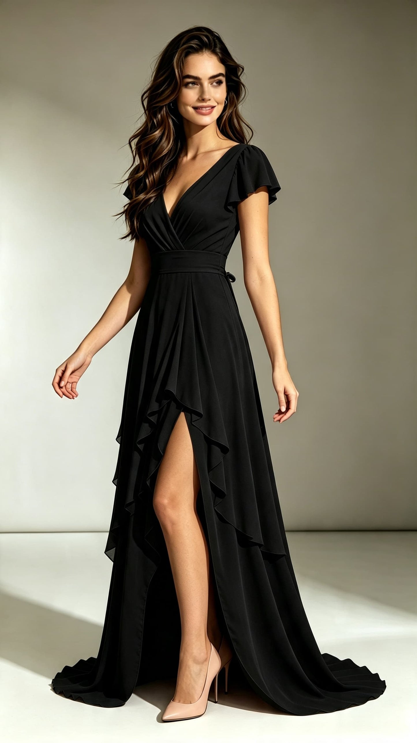 2026 A-line Black Bridesmaid Gowns V Neck Chiffon Maxi Dress LFNL0695
