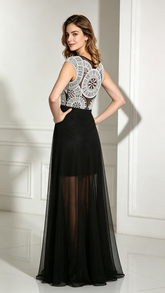 Elegant A-line Black Evening Dress Round Neck Chiffon Long Formal Dress LFNL0488