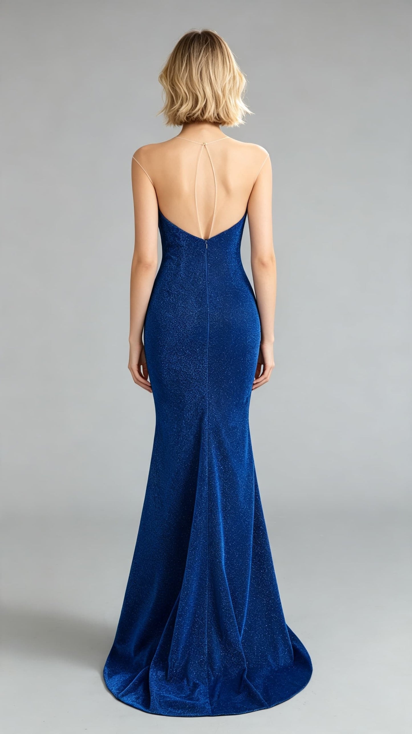 Dreamy Mermaid Blue Evening Gowns Round Neck Sequins Maxi Dress LFNL0647