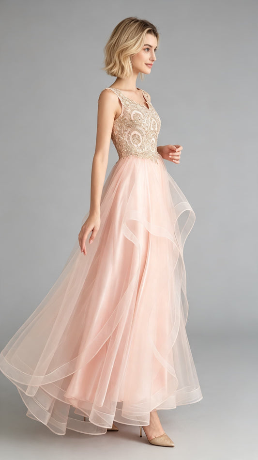 Lightweight A-line Pink Homecoming Dress V Neck Tulle Maxi Dress LFNL0643
