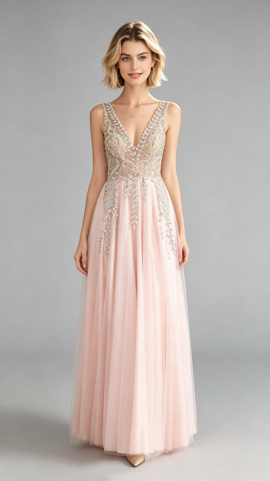Lovely A-line Pink Evening Gowns V Neck Tulle&Beads Maxi Dress LFNL0644