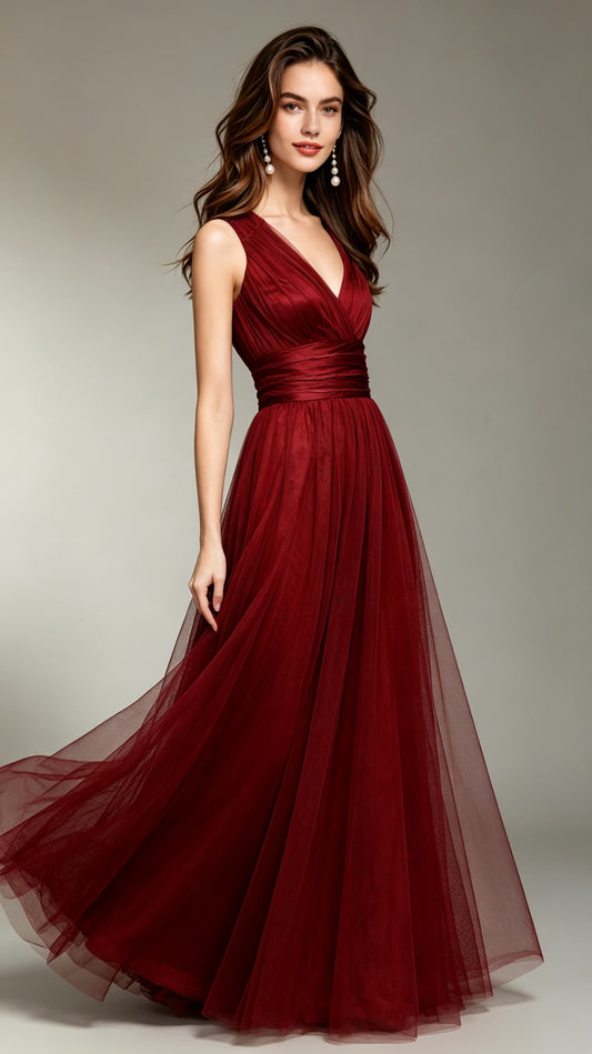 Soft A-line Dark Red Bridesmaid Dress Chiffon Long Formal Dress LFNC0107