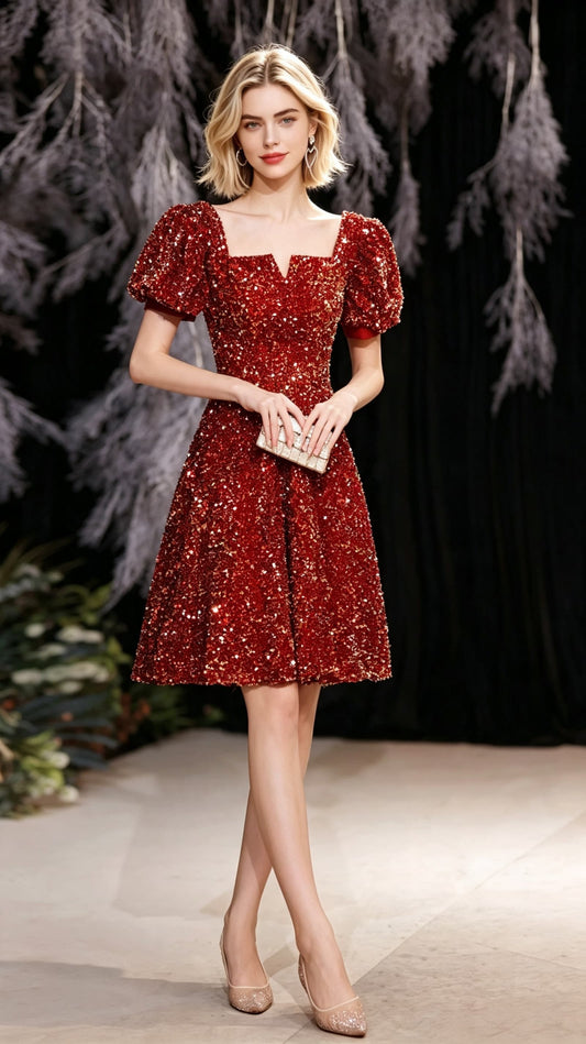 Dreamy A-line Red Evening Dress Square Collar Tulle Short Formal Dress LFNC0356
