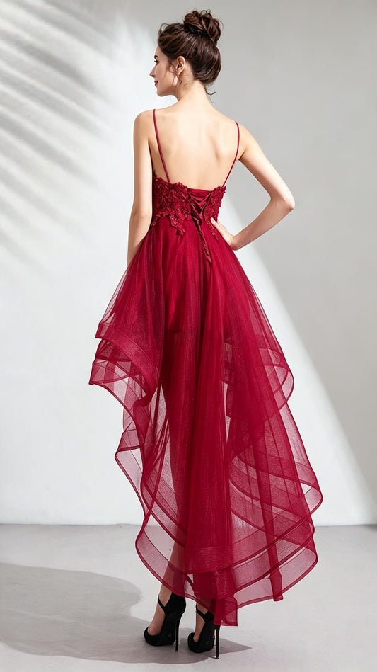Feminine A-line Red Evening Dress Straps Organza High Low Formal Dress LFNC0149