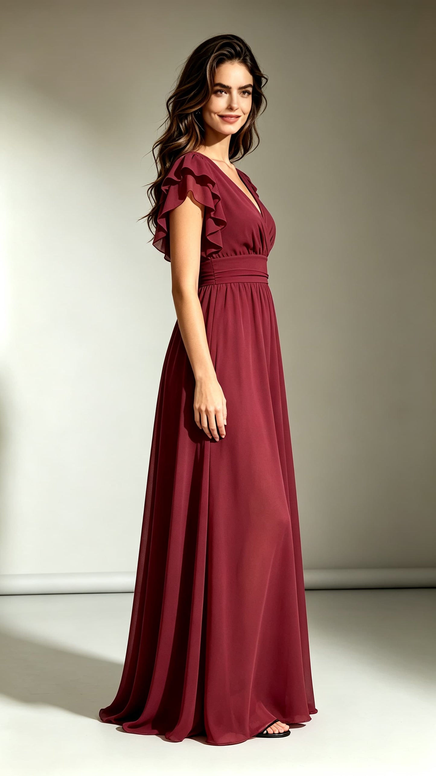 Flattering A-line Red Evening Gowns V Neck Chiffon Maxi Dress LFNL0769