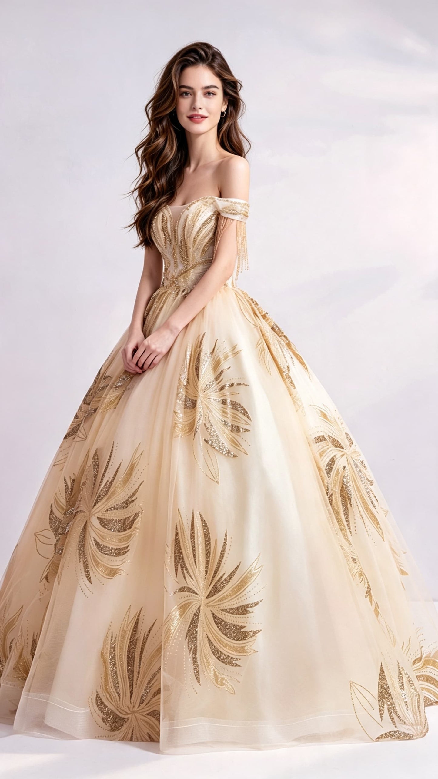 Effortless A-line Gold Evening Dress Off Shoulder Organza Princess Formal Dress LFNC0148