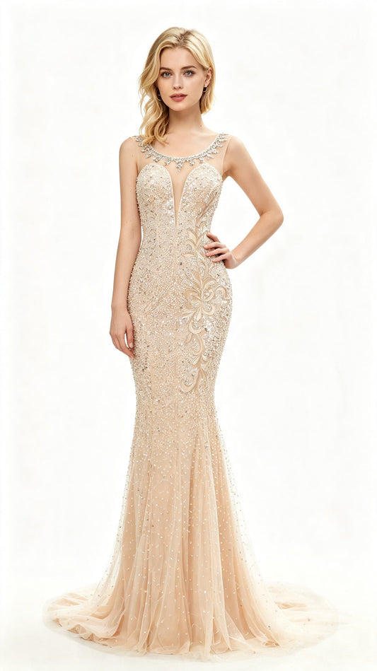 Classy Mermaid White Evening Dress Round Neck Tulle Long Formal Dress LFNL0631