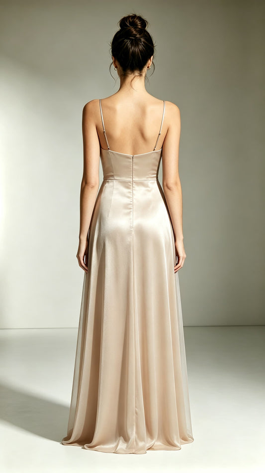 2026 A-line Champagne Evening Gowns Straps Satin Maxi Dress LFNL0747