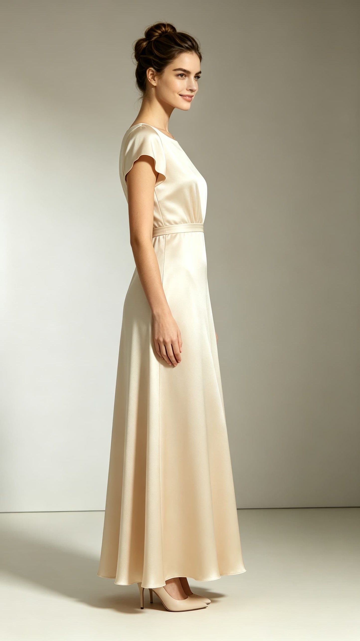Elegant A-line Champagne Evening Gowns Round neck Satin Maxi Dress LFNL0785