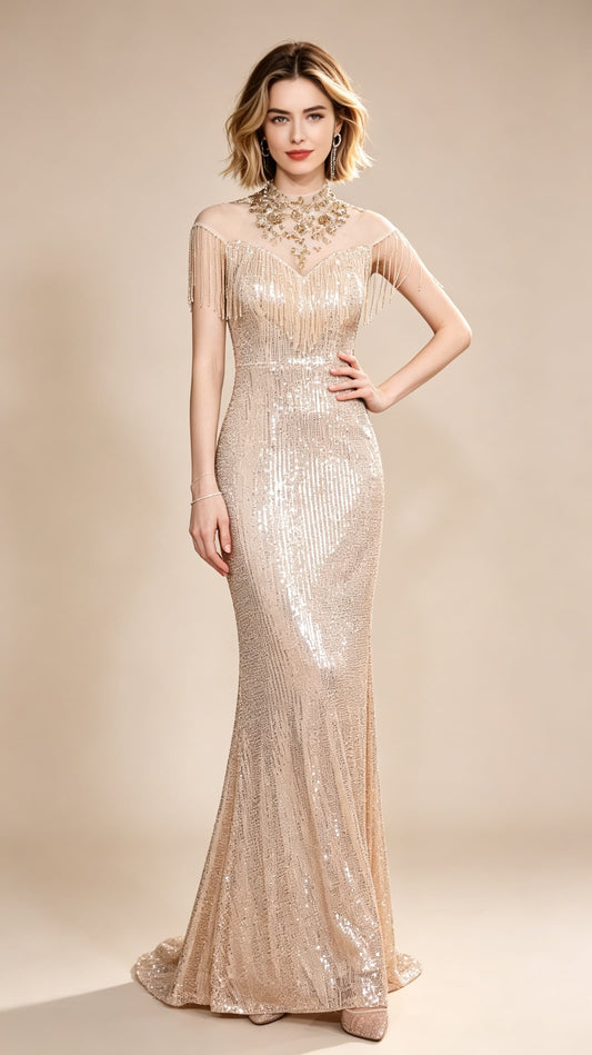 Simple Mermaid Gold Evening Dress High Collar Sequins Long Formal Dress LFNC0439