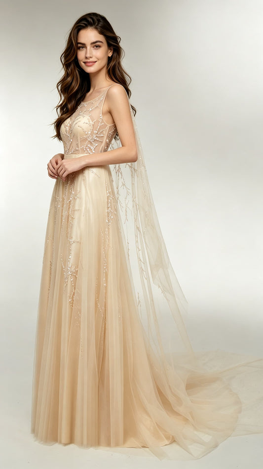 Flattering A-line Champagne Evening Gowns Round neck Tulle Maxi Dress LFNL0687