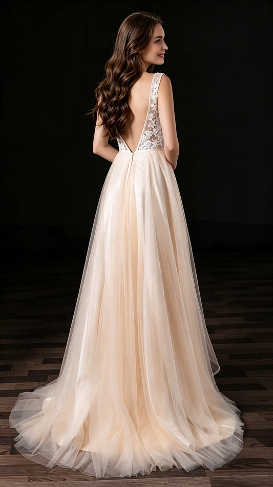 Romantic A-line Champagne Evening Gowns V Neck Lace&Tulle Long Formal Dress LFNL0622