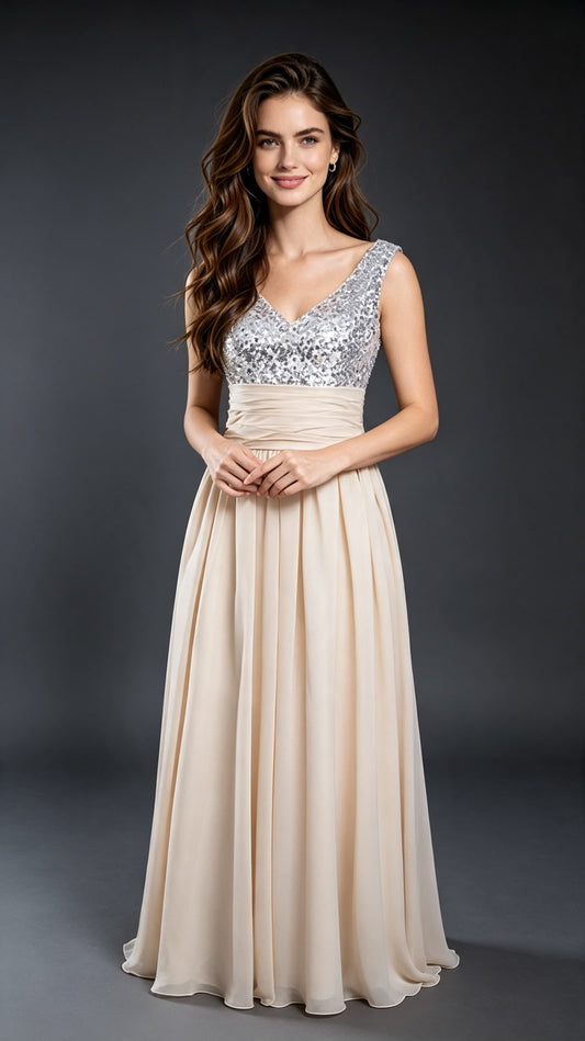 Flowy A-line Champagne Evening Dress V Neck Chiffon Long Formal Dress LFNL0582