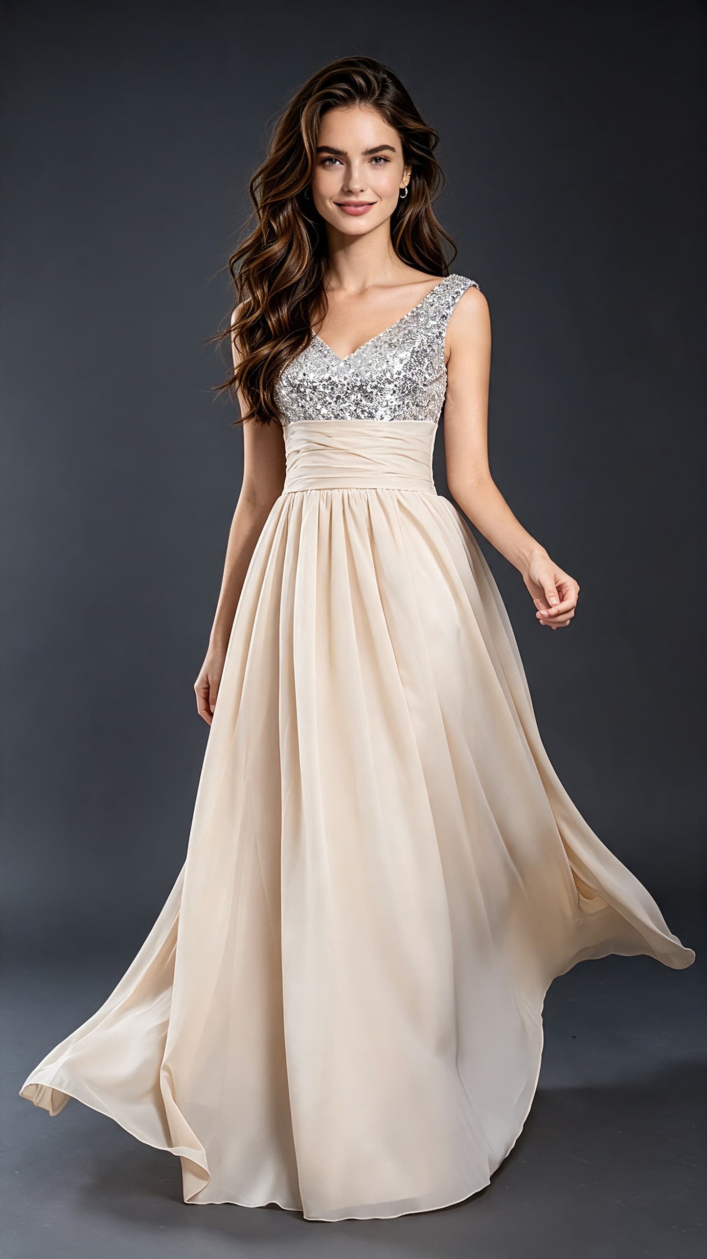Flowy A-line Champagne Evening Dress V Neck Chiffon Long Formal Dress LFNL0582