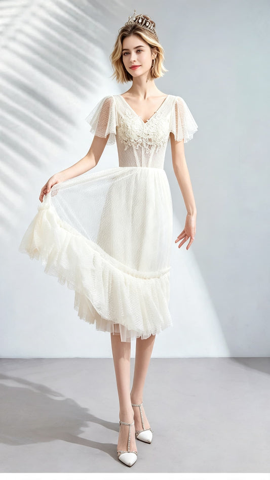 2026 A-line Champagne Evening Dress V Neck Organza Short Formal Dress LFNC0415