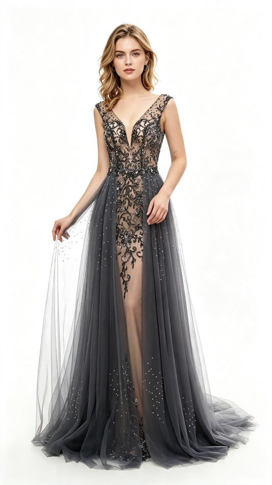 Eye-catching A-line Grey Evening Dress V Neck Tulle Long Formal Dress LFNL0632