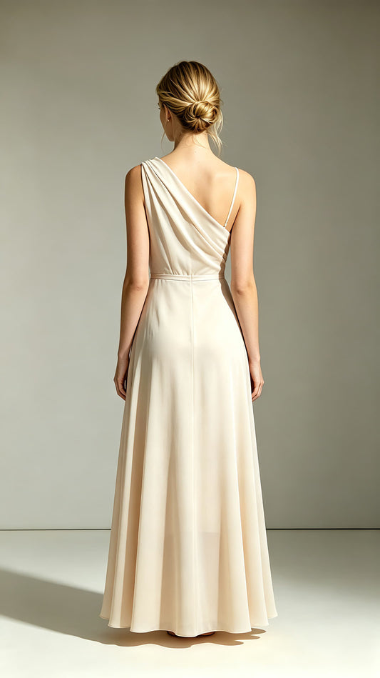 Back view of ivory A-line chiffon evening dress, customisable back closure, full flowing chiffon skirt