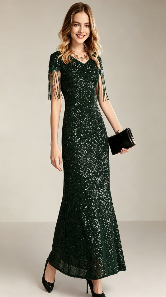 Polished Mermaid Dark Green Evening Dress Sequins Formal Dress LFNC0015