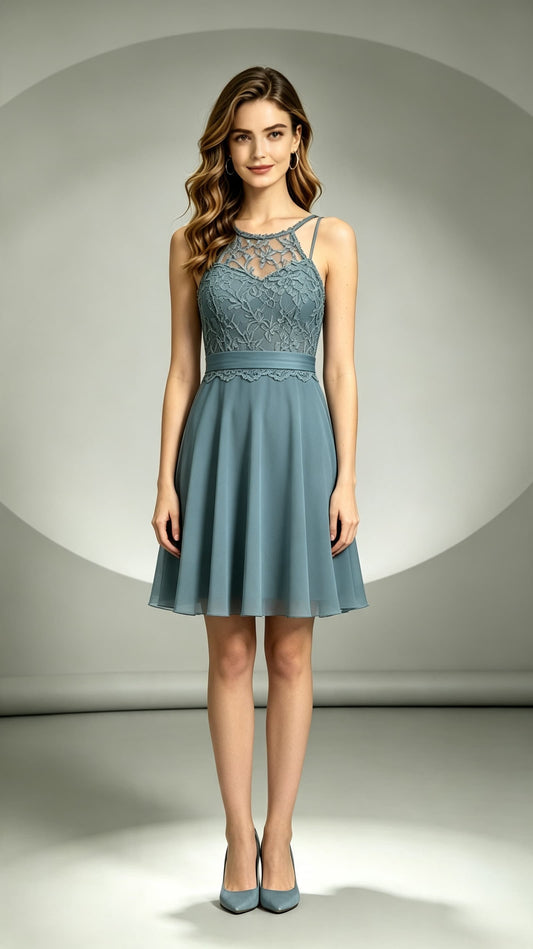 Sleek A-line Dusty Blue Bridesmaid Gowns Halter Lace Chiffon Short Formal Dress LFNL0703