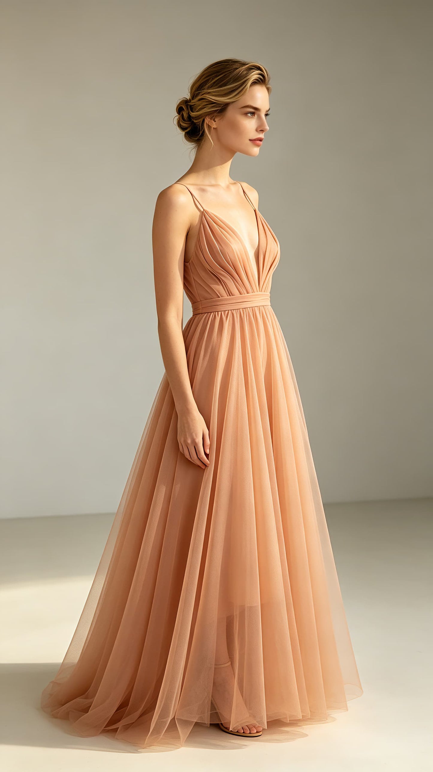 Polished A-line Orange Evening Gowns Straps Tulle Maxi Dress LFNL0791