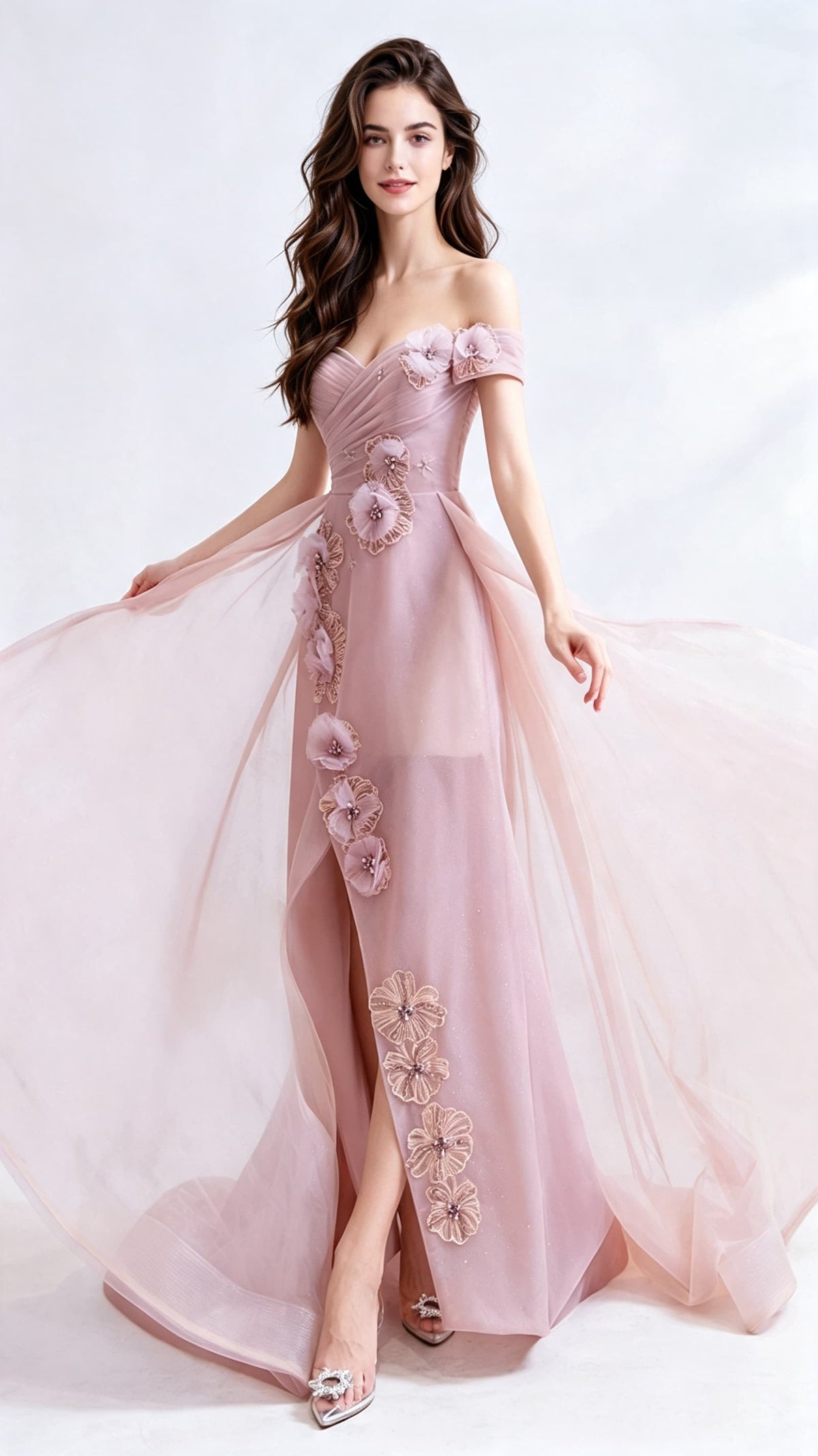 Feminine A-line Pink Bridesmaid Dress Off Shoulder Tulle Long Formal Dress LFNC0171