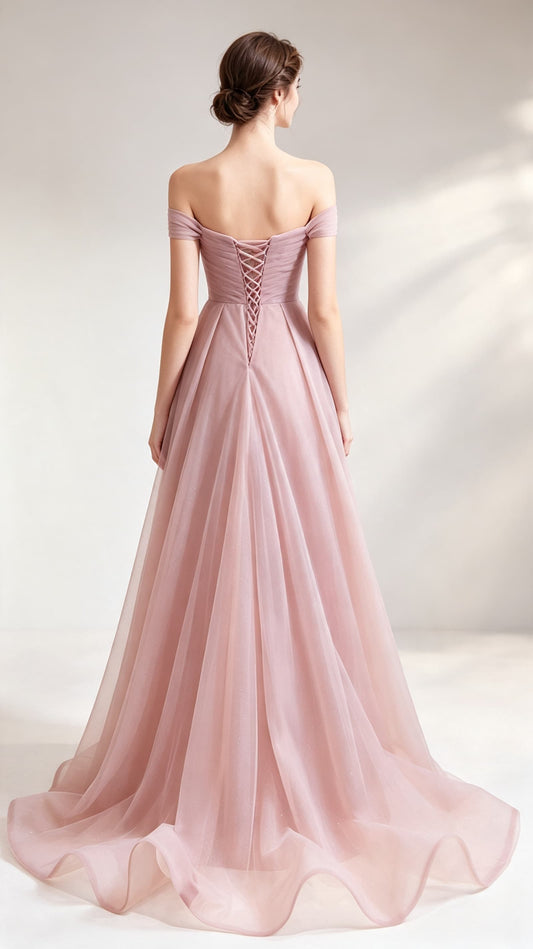 Feminine A-line Pink Bridesmaid Dress Off Shoulder Tulle Long Formal Dress LFNC0171