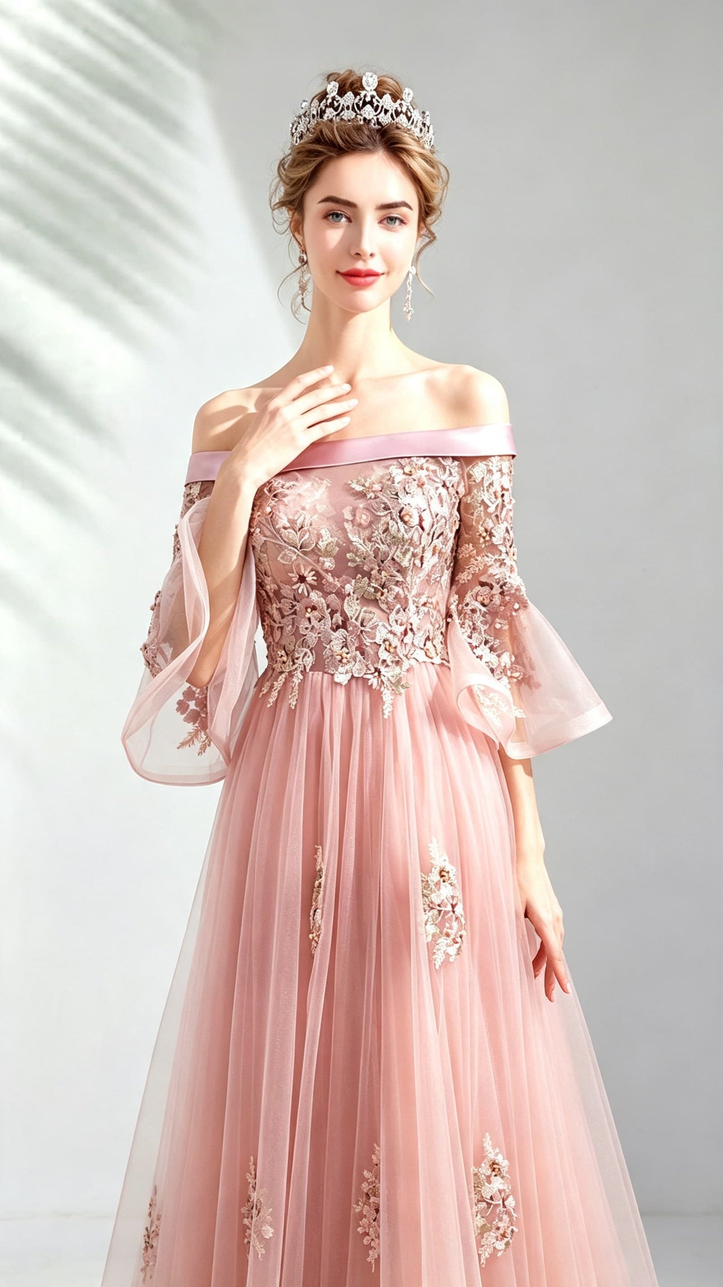 Polished A-line Pink Evening Dress Off Shoulder Tulle Long Formal Dress LFNL0456