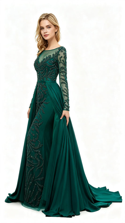 Effortless A-line Green Evening Dress Round Neck Tulle&Satin Maxi Dress LFNL0634