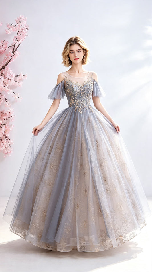 2026 A-line Grey Evening Dress Round Neck Tulle Long Formal Dress LFNC0350