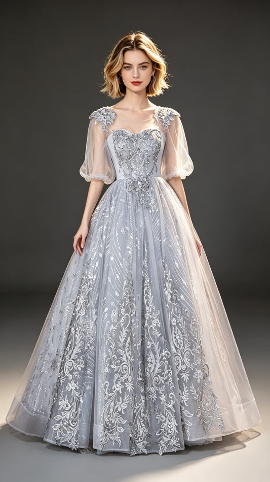 Eye-catching A-line Grey Evening Dress Round Neck Tulle Long Formal Dress LFNC0433