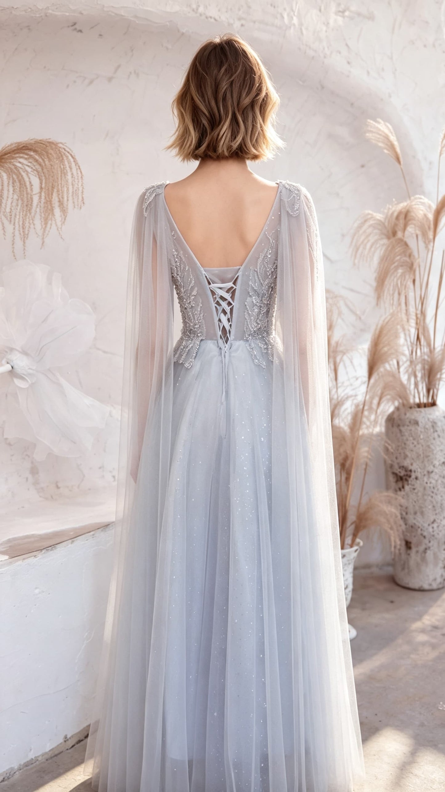 Sleek A-line Grey Evening Dress V Neck Tulle Long Formal Dress LFNC0353