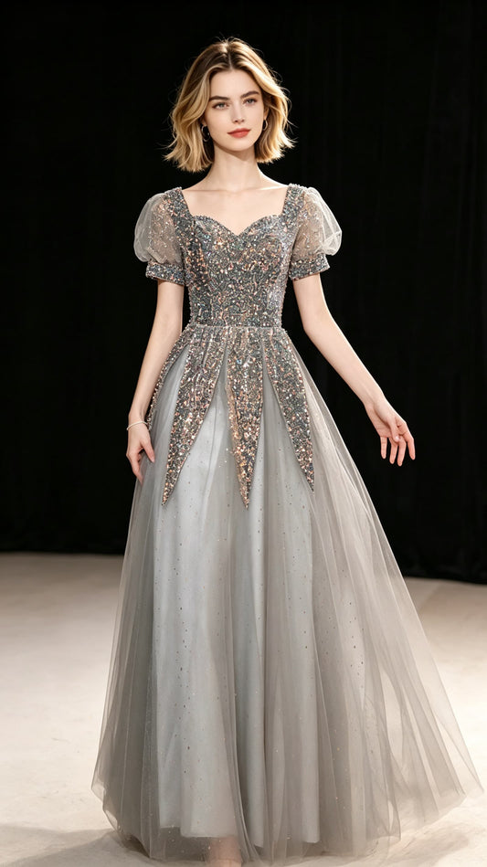Soft A-line Grey Evening Dress Square Collar Neck Tulle Long Formal Dress LFNC0438